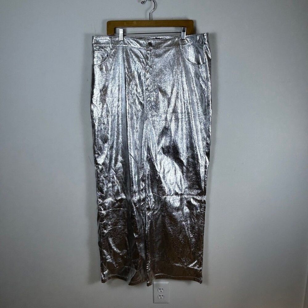 Boohoo Metallic Silver Pants Womens Plus Size US 14 Wide Leg Faux Leather Party